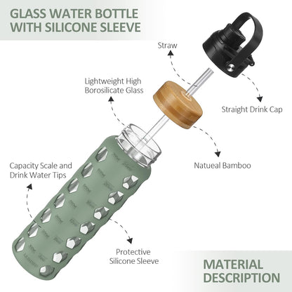 MUKOKO Glass Water Bottles, 32oz Glass Tumbler with Straw, Drinking Bottles with 2 Lids-Handle Spout Lid&Bamboo Straw Lid, Motivational Water Bottle with Time Marker and Silicone Sleeve, 1 Pack-Olive
