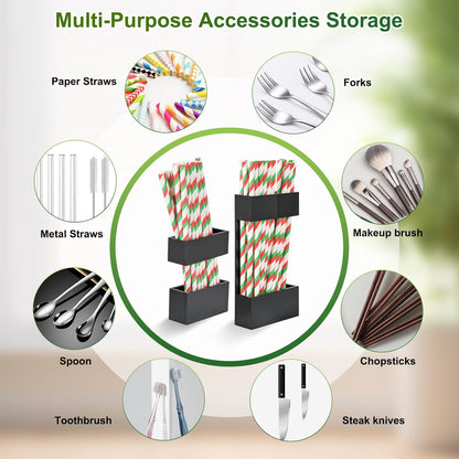 2 PACK Acrylic Straw Holder for Cabinet Doors, Reusable Straw Organizer with Ultra-Sticky Adhesive, Small Kitchen Accessories Container, Fits Both Short & Long Straws(Black)