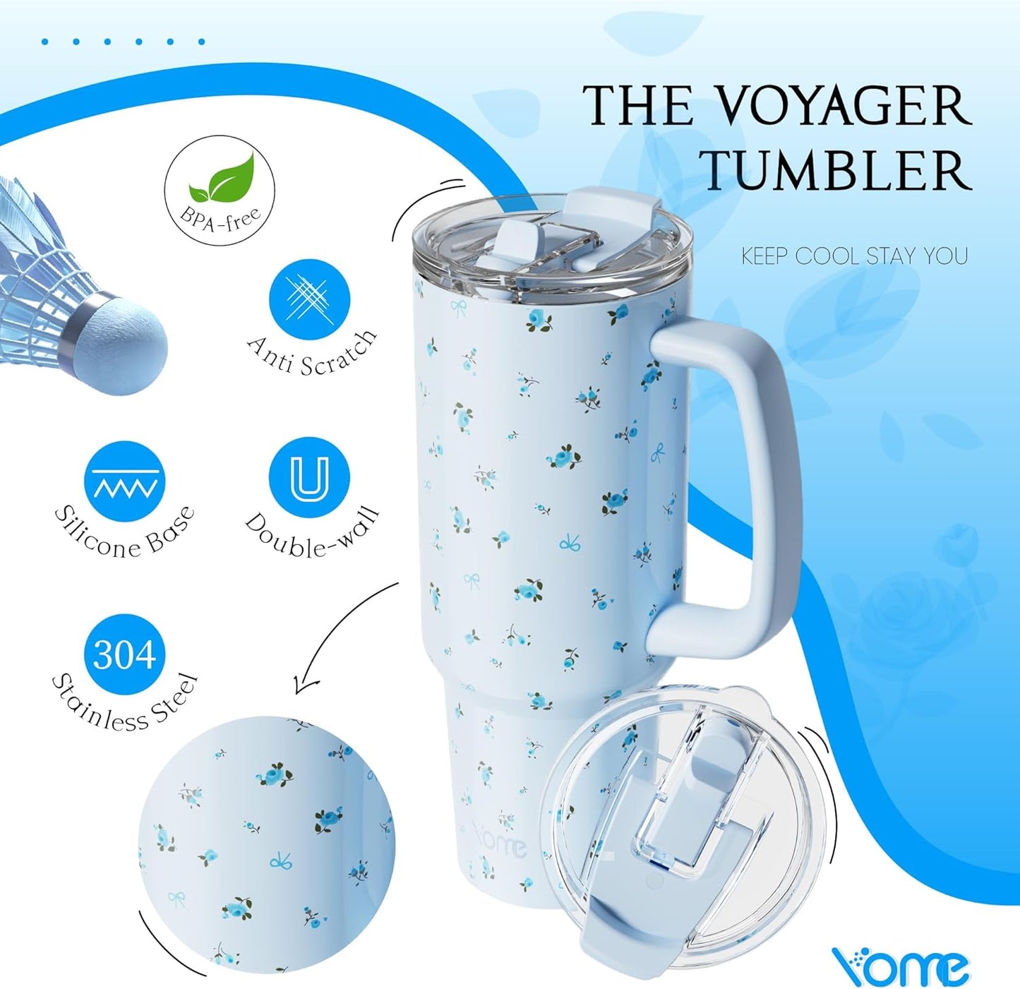 YOME 40oz Nurse Tumbler with Handle and Flip Straw | Stainless Steel Insulated Water Bottle | Keeps Drinks Cold | Dishwasher Safe | Cupholder Friendly | Gift Gym Travel Yoga