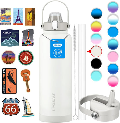 Insulated Water Bottle with Lid & Boot & Stickers, 24 oz Stainless Steel Sweat Free Bottle Keep Cold 24H, BPA-Free Sports Wide Mouth Water Bottle, BlueBlack