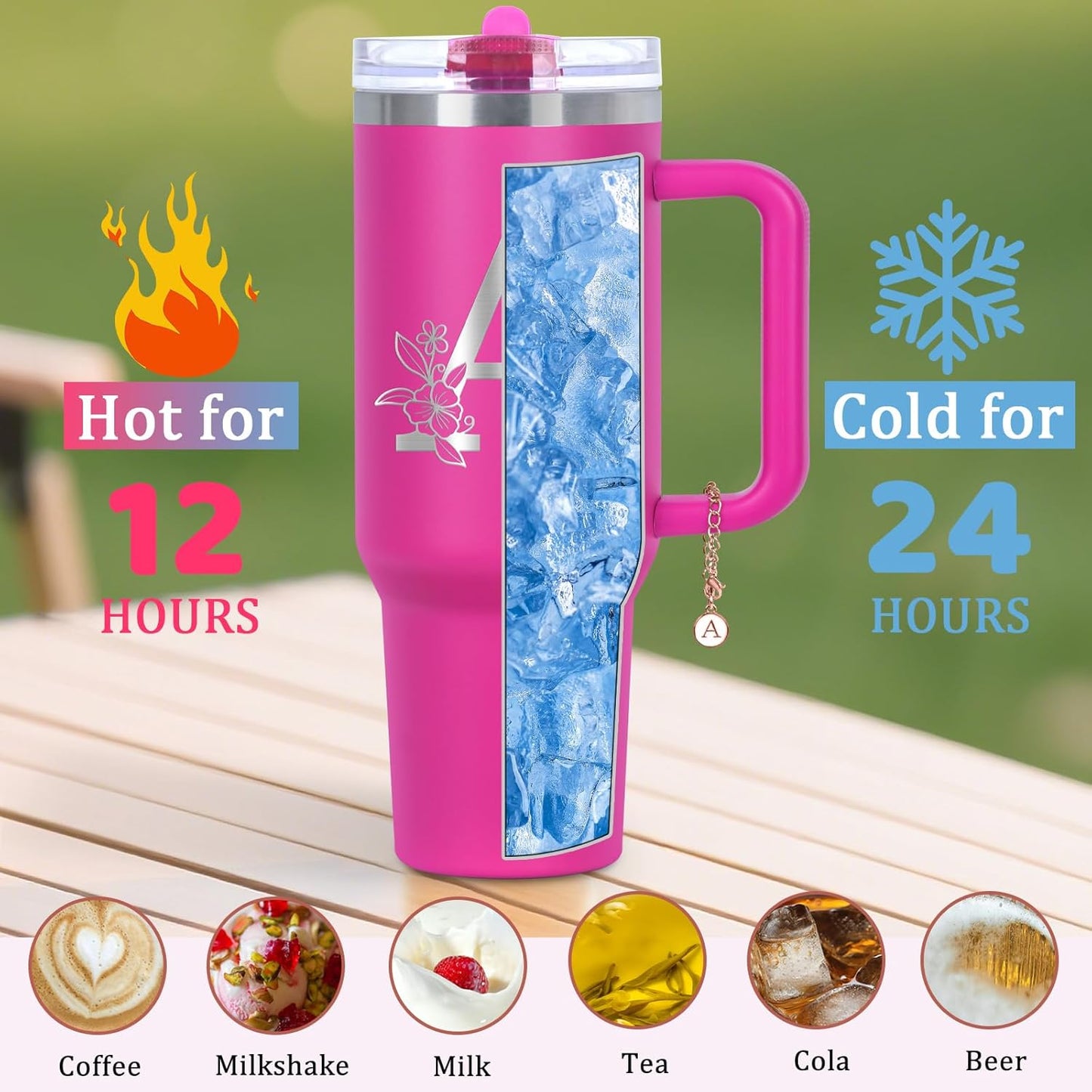 Personalized 40 oz Monogrammed Tumbler with Handle and Flip Straw Lid, 100% Leak Proof stainless steel Insulated Tumbler, Customized Initial Funny Gifts for Women Mom Sisters Coworker, A