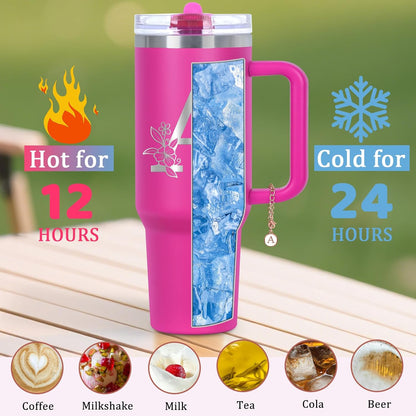 Personalized 40 oz Monogrammed Tumbler with Handle and Flip Straw Lid, 100% Leak Proof stainless steel Insulated Tumbler, Customized Initial Funny Gifts for Women Mom Sisters Coworker, A
