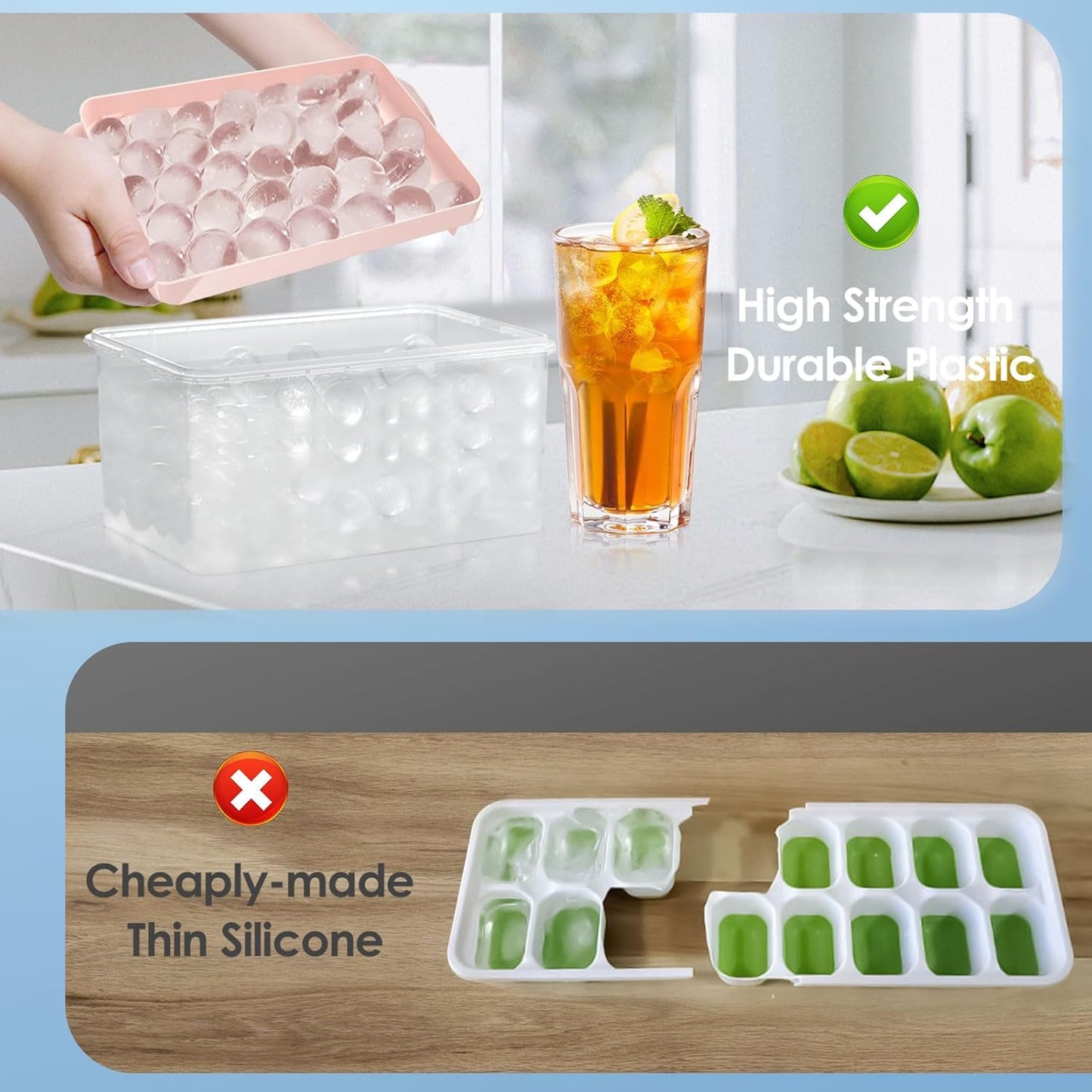 WIBIMEN Ice Cube Tray with Lid and Bin - Round Ice Trays for Freezer with Lid - Ice Cube Trays for Freezer with Ice Container (1"-2PACK Blue)