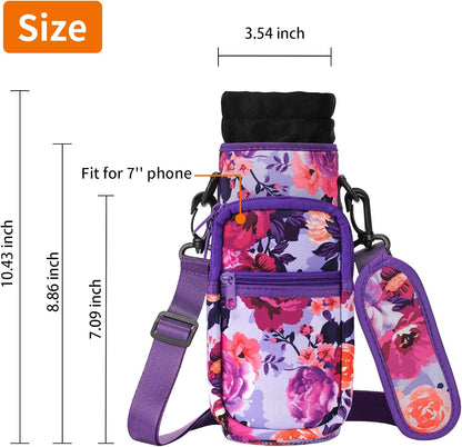 AceTreker 32/40/64/128 oz Neoprene Insulated Water Bottle Carrier Bag, Sling Bag Sleeve Pouch Holder with Strap & Paracord Handle and 2 Pocket for Travelling, Hiking, Camping