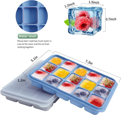 Ice Cube Trays Set of 2, Easy Release 15 Flexible Silicone Ice Cube Molds with Removable Lid Reusable Freezer Ice Trays Stackable for Whiskey, Baby Food, BPA Free (BAMBOO GREEN)