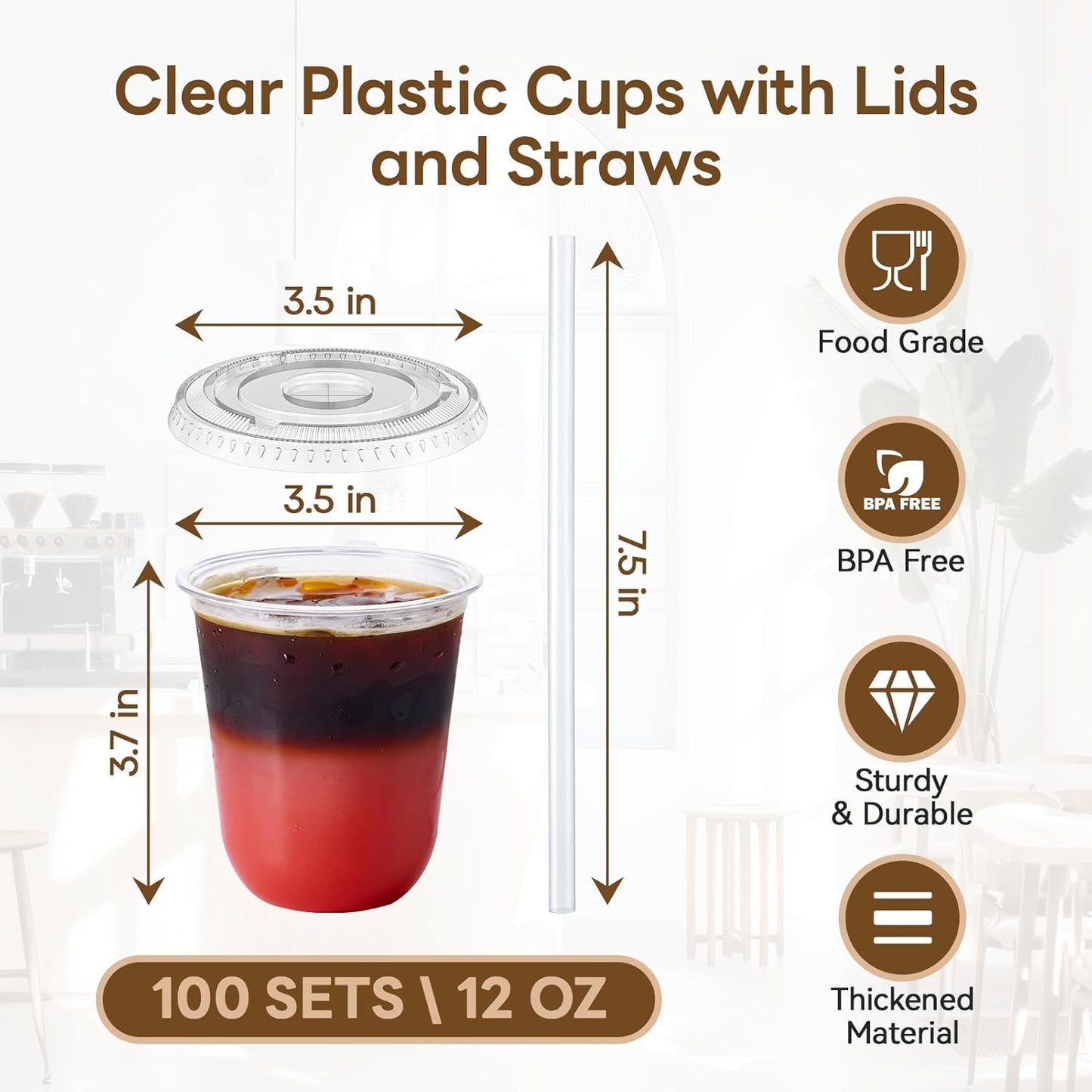 Vplus 100 Pack 12 oz Iced Coffee Cups with Lids, Disposable Plastic Cups with Lids and Straws for Cold Beverages, Juice, Milkshakes, Coffee Shops, Parties and Daily Use