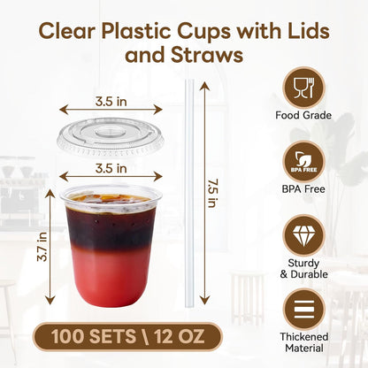 Vplus 100 Pack 12 oz Iced Coffee Cups with Lids, Disposable Plastic Cups with Lids and Straws for Cold Beverages, Juice, Milkshakes, Coffee Shops, Parties and Daily Use