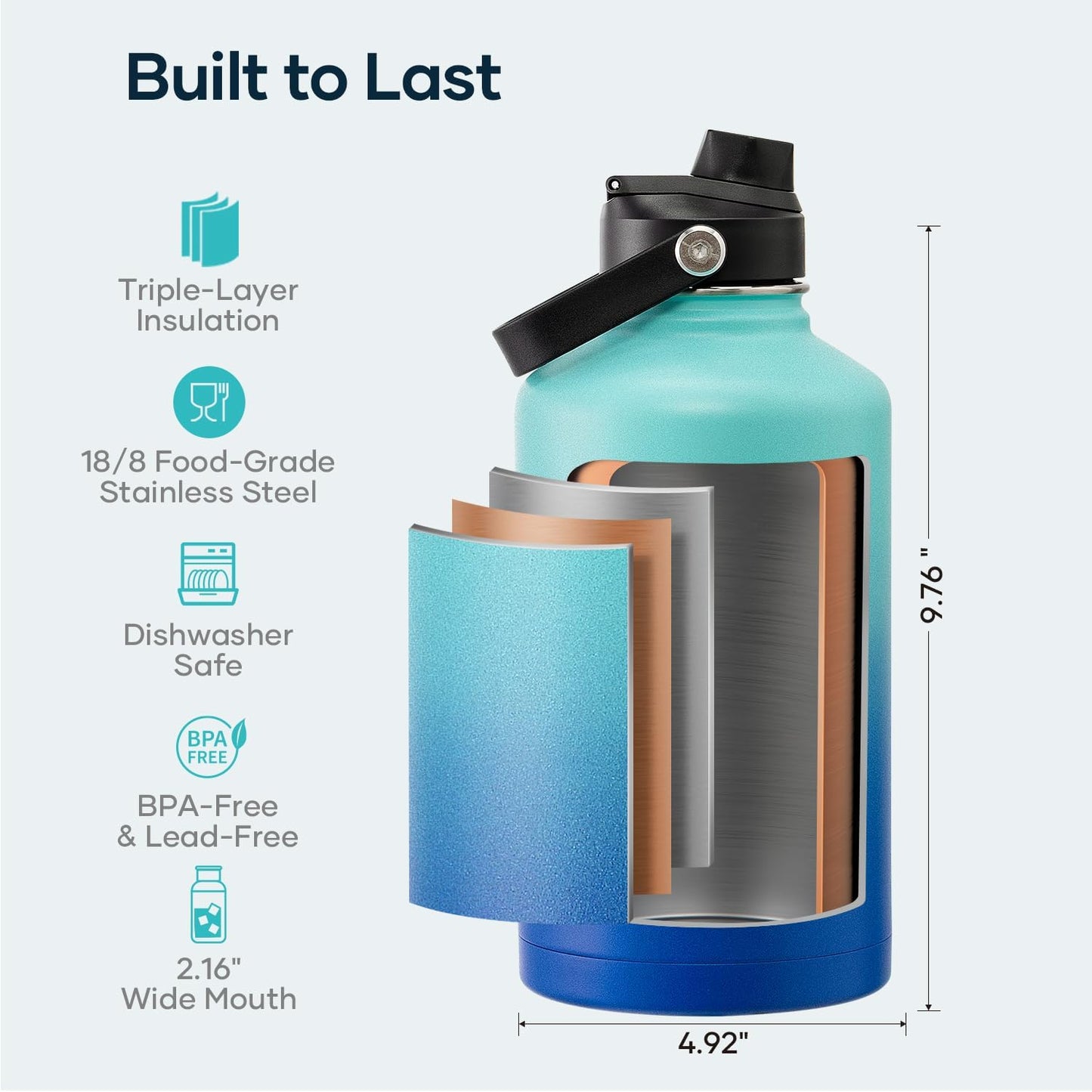 BUZIO 40oz Insulated Water Bottle, Triple Wall Vacuum Stainless Steel Water Flask with 2 lids, Lead-Free BPA-Free Straw Lid Sports Canteen Jug, Cold 48H & Hot 24H- Black - Colors B