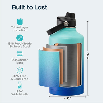 BUZIO 40oz Insulated Water Bottle, Triple Wall Vacuum Stainless Steel Water Flask with 2 lids, Lead-Free BPA-Free Straw Lid Sports Canteen Jug, Cold 48H & Hot 24H- Black - Colors B