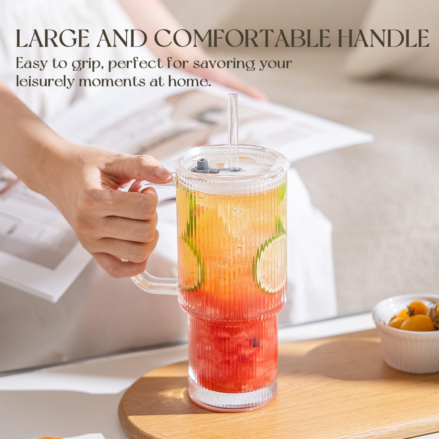 KEMORELA Large 26oz Clear Glass Mug with Handle and Sliding Lid – Aesthetic Ribbed Tumbler for Iced Coffee, Smoothies & Hot Drinks – Reusable Travel Cup with Straw, Dishwasher Safe (Ribbed Tumbler)