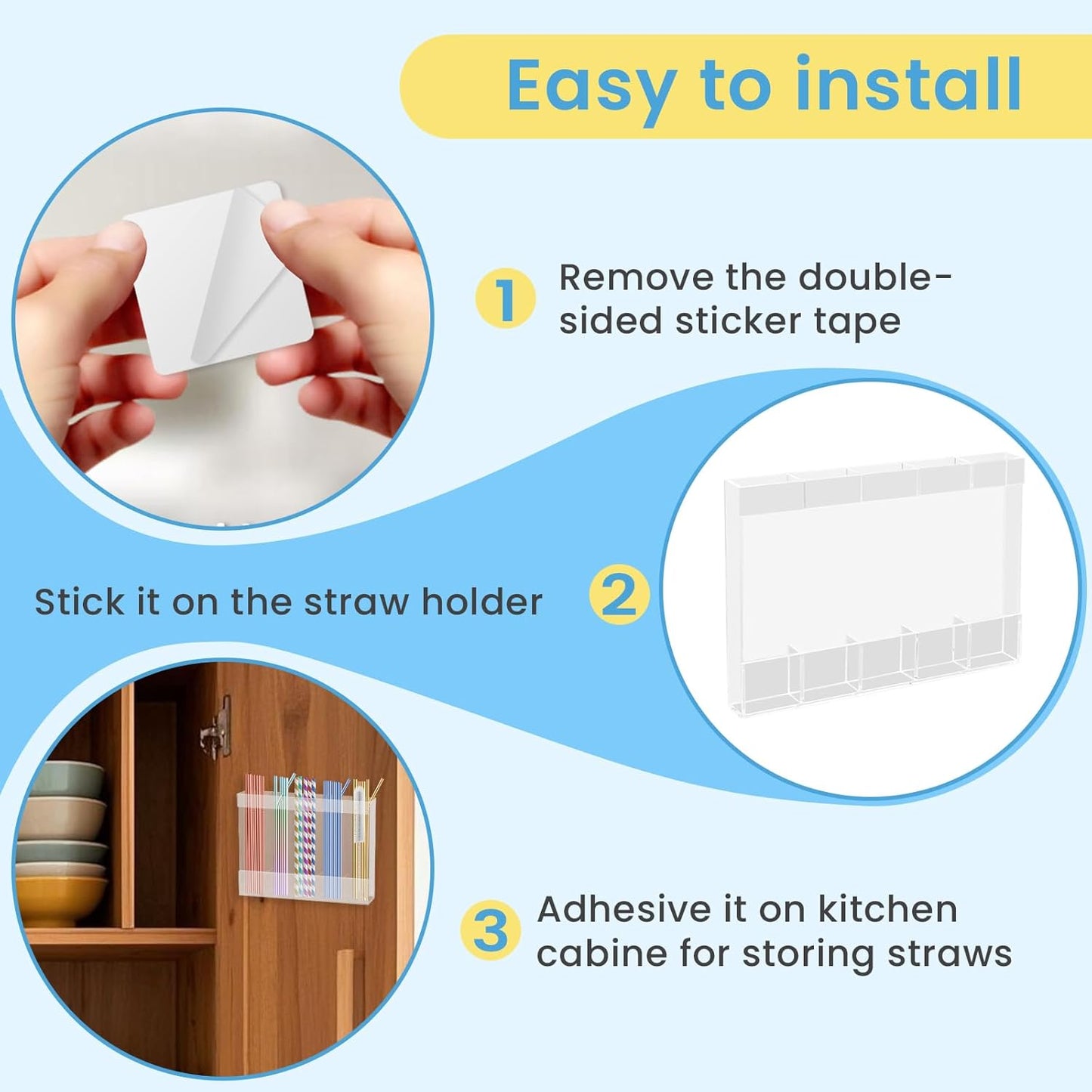 Acrylic Straw Holder for Cabinet, Reusable Straw Organizer with Double Sided Adhesive Tape Tumbler Straws Storage Container for Cupboard Drinking Straws Dispenser for Kitchen Counter (Transparent)