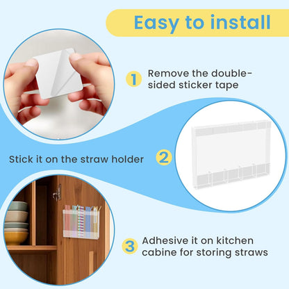 Acrylic Straw Holder for Cabinet, Reusable Straw Organizer with Double Sided Adhesive Tape Tumbler Straws Storage Container for Cupboard Drinking Straws Dispenser for Kitchen Counter (Transparent)