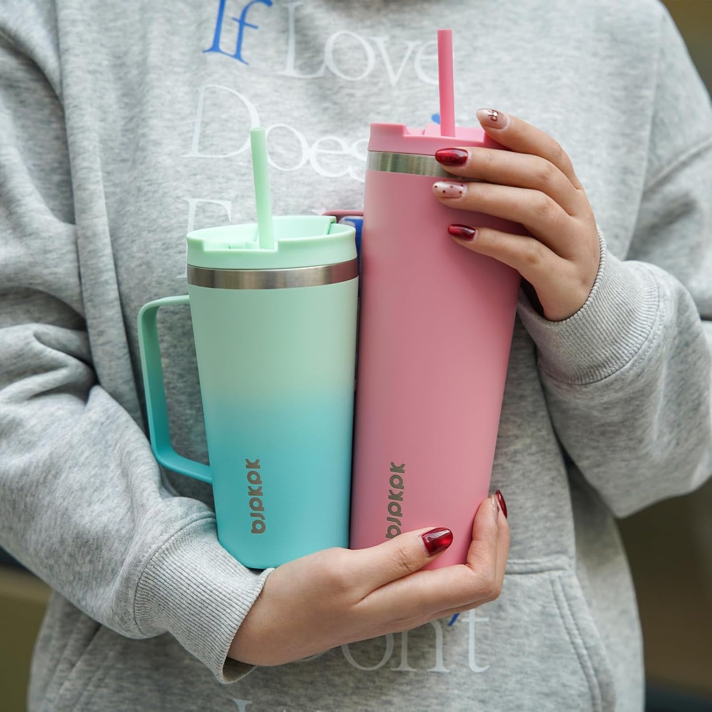 BJPKPK Insulated Tumbler with Handle, 18oz Insulated Tumblers with Lid and Straw, Stainless Steel Metal Water Bottles, Coffee Travel Mugs, Cups, Marshmallow