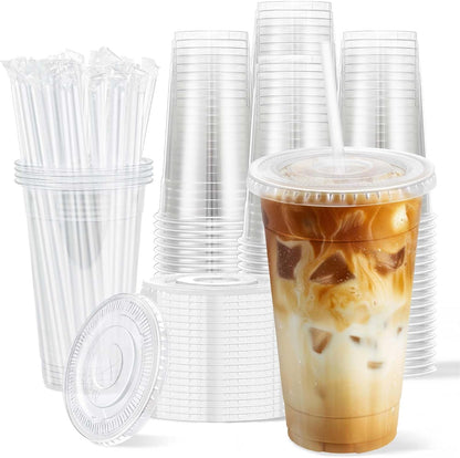 Clawsoff 100 Pack 20 oz Disposable Clear Plastic Cups with Lids and Straws, Leak-Proof Sturdy Cold Drink Cups for Iced Coffee, Smoothies, Juice, Parties & Business