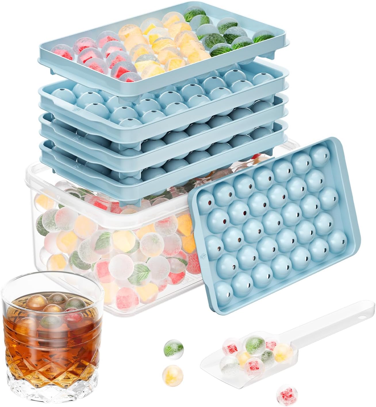 Optish 3 Pack Ice Trays for Freezer, 99 PCS Ice Cube Tray with Lid and Bin, Round Ice Cube Mold, Circle Ice Maker for Chilling Drinks (0.8 inch, Pink)