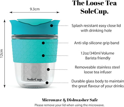 Travel Mug Loose Tea Infuser - Detachable Tea Strainer with Spillproof Lid - BPA-Free Reusable Glass Travel Coffee Cup with Silicone Band (Ice Cream, 12oz)