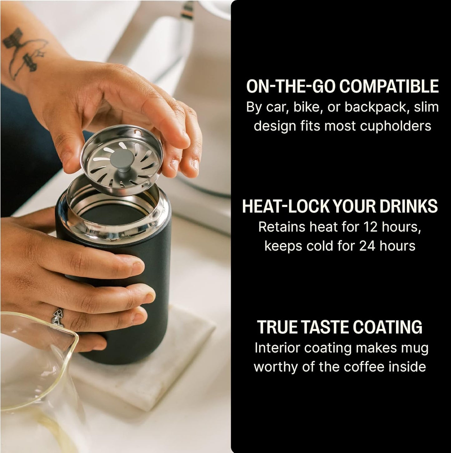 Fellow 16 oz Carter Move Travel Mug - Vacuum-Insulated Stainless Steel Travel Coffee Mug - Coffee Tumbler with Ceramic Interior and Splash Guard - Matte Black