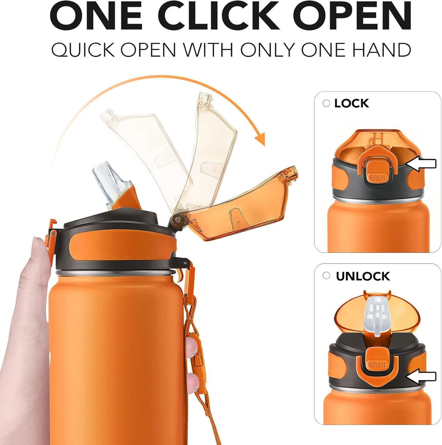 Enerbone 24 oz Insulated Water Bottle, Stainless Steel Bottle with Carrying Strap, Double-Wall Vacuum Insulation Design, Leakproof Sports Bottle with Straw, Keep Drinks Cold or Hot for Hours