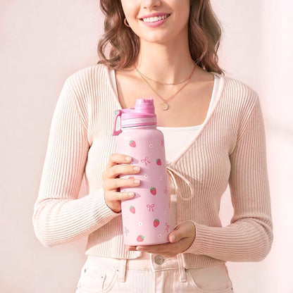 SANDJEST Pickleball Stainless Steel Water Bottle with Strap 32oz, Insulated Bottles with Straw and Spout Lid for Gym Sports Travel Outdoor, Gifts for Women Girls Birthday Christmas