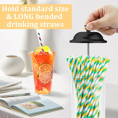13.5 inch Straw Holder for Standard & Long Bended Size Drinking Straws, Acrylic Plastic Straw Dispenser with Lid, Black, Heavy Duty, 1 Piece