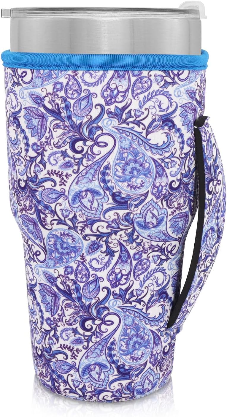 Reusable Iced Coffee Cup Sleeve Neoprene Insulated Sleeves Cup Holder with handle Idea for 30oz - 32oz Tumbler Cups, Protein Shake Bottles(Only Cup Sleeves), Black - Colors B