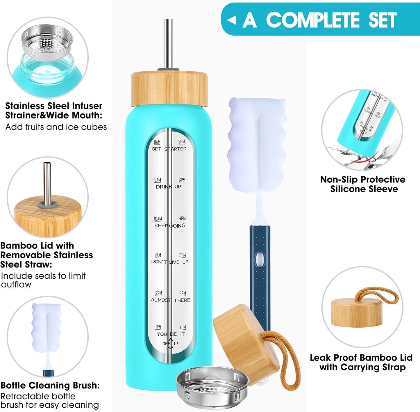 SipZest 32 oz Glass Water Bottle with Straw - Motivational Time Marker & Silicone Sleeve - Reusable Tumbler Includes 2 Bamboo Lids & Fruit Infuser - 1 Pack