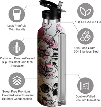 Pickleball Sport Water Bottle with Straw, Vacuum Insulated Stainless Steel Thermal Drinking Travel Mug Cups For Gym Fitness Camping-20oz/600ml