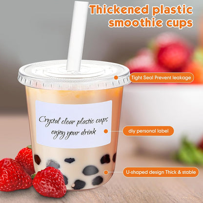 Ziliny 50 Sets Crystal Clear Plastic Cups with Lids, Straws and Stickers, Disposable Iced Coffee Cups Thickened PET for Iced Coffee, Bubble BobaTea, Smoothie, Cold Drinks, Juice, Shops (12 oz)