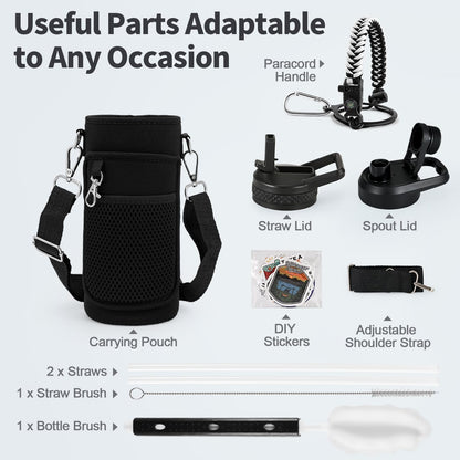 WixByti 40 oz Insulated Water Bottle with Straw (Cold for 36 Hrs), Stainless Steel Triple Wall Vacuum Sports Water Jug, Leakproof Hydro Cup Flask with Paracord Handle & Straw Spout Lids & DIY Stickers
