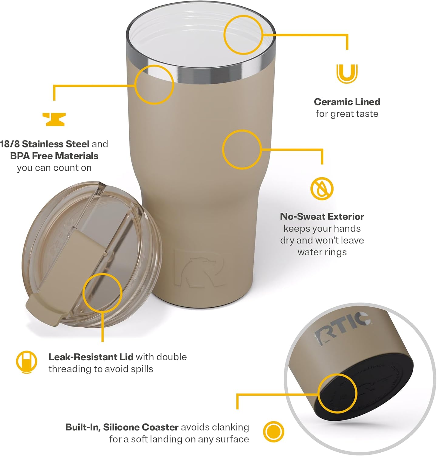 RTIC 20oz Essential Tumbler with Lid, Ceramic Lined, Insulated, Stainless Steel, Metal, Double Wall Vacuum-Insulation, Travel Cup for Iced Coffee, Tea, Hot and Cold Drink, Graphite