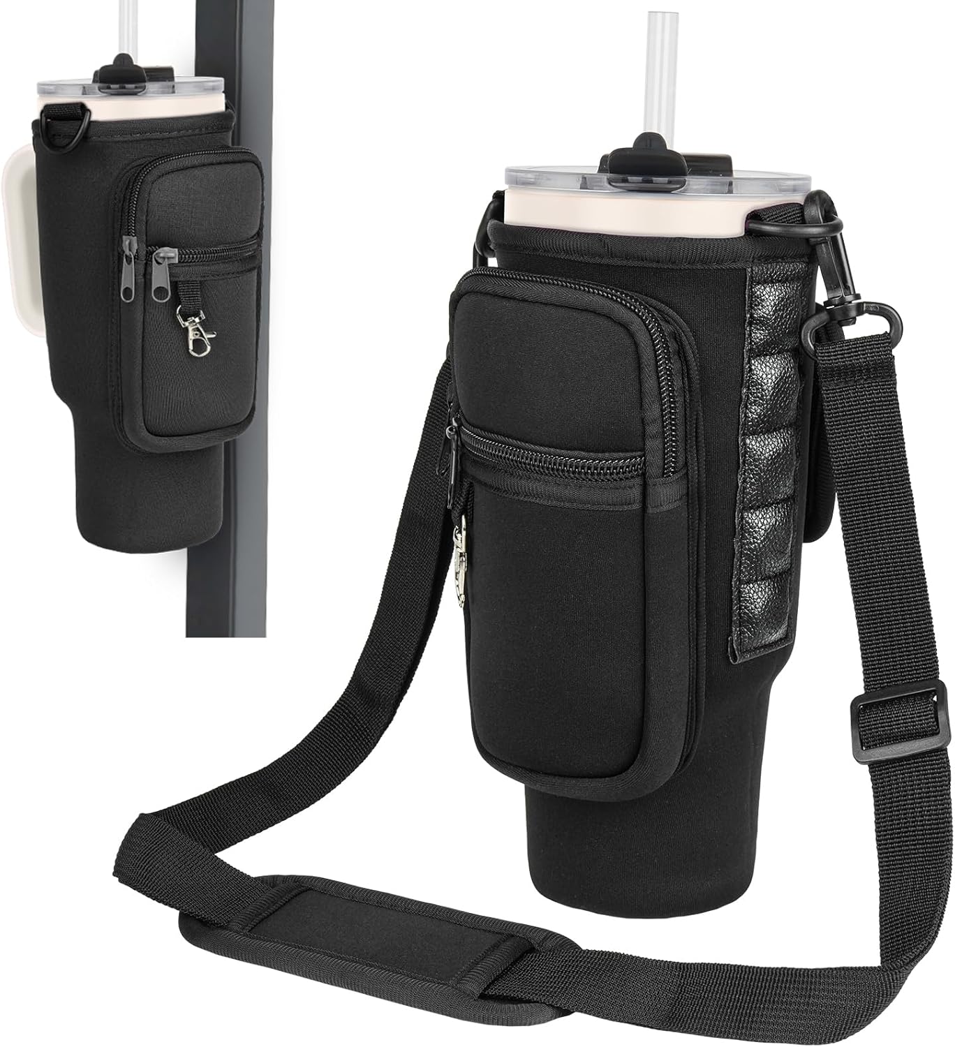 Magnetic Water Bottle Carrier Bag Compatible with Stanley/Meoky 40 oz Tumbler with Handle,Water Bottle Holder Pouch with Adjustable Shoulder Strap & Phone Pocket Fits for Stanley Cup Accessories