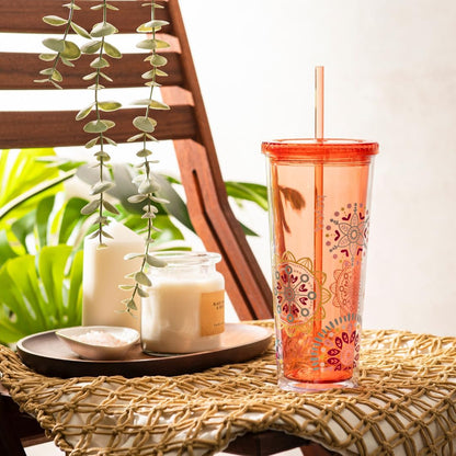bzyoo SIP 24oz (710ml) Double Wall Plastic Tumbler with Lid and Straw Cold Drink Travel Mug Reusable Party Cup Perfect for Office Ice Coffee or Tea and Gift Color: Pink & Purple