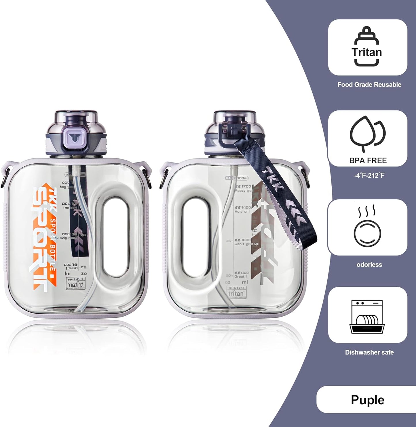TKK Half Gallon Water Bottle Jug with Straw Large Capacity Plastic Water Bottle Dishwasher Safe 1/2 Gallon 50 Oz Water Bottle Jug BPA Free Tritan for Gym Yoga Travel Camping Outdoor