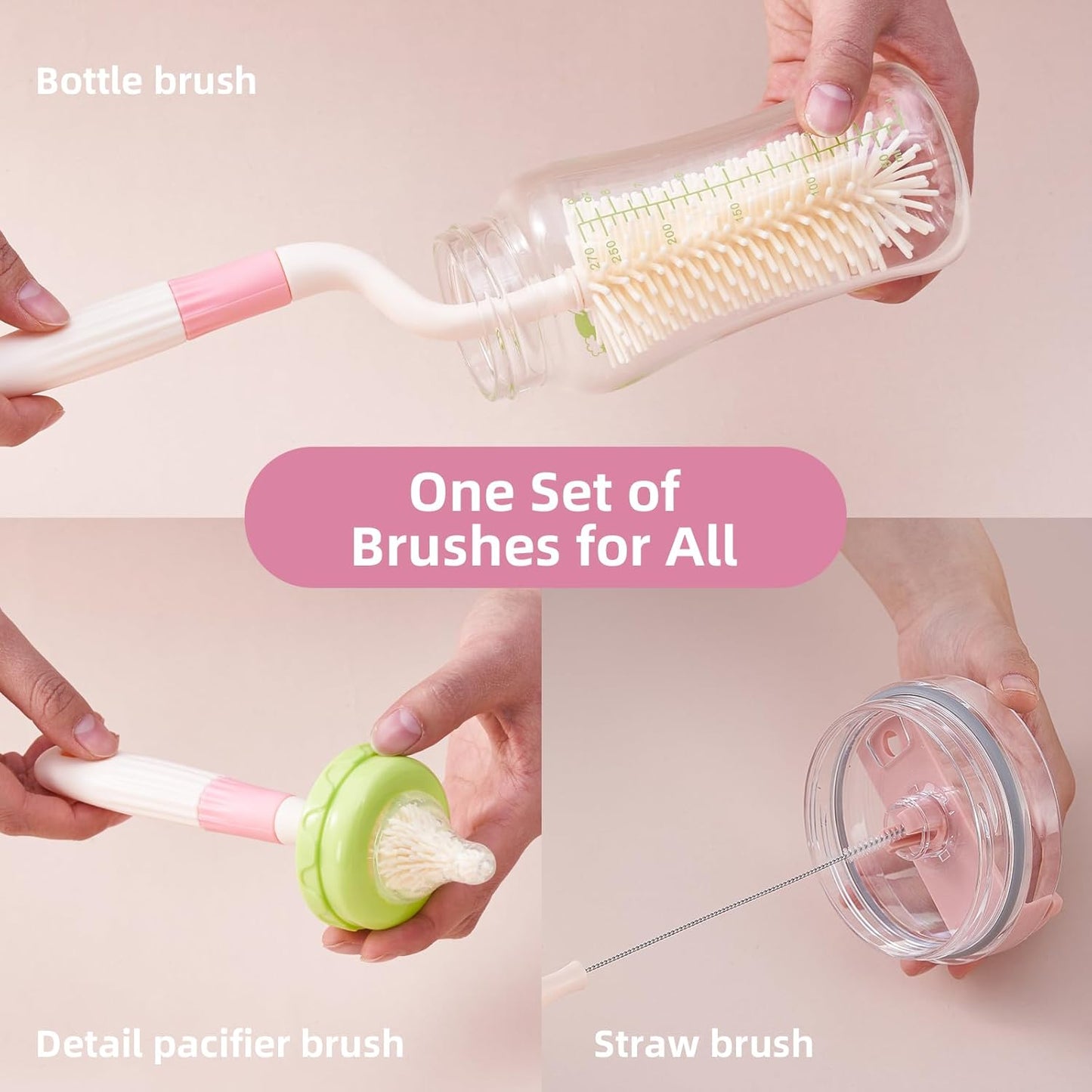 3 in 1 Baby Silicone Bottle Brush Set, Multipurpose Bottle Cleaner, Bottle Brush with Storage Holder, Food Grade Silicone, Effortless Scrubbing, Baby Bottle Cleaning Brush (Green)