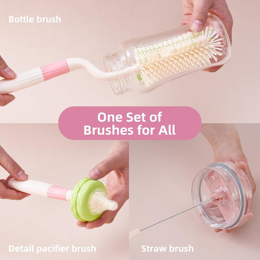 3 in 1 Baby Silicone Bottle Brush Set, Multipurpose Bottle Cleaner, Bottle Brush with Storage Holder, Food Grade Silicone, Effortless Scrubbing, Baby Bottle Cleaning Brush (Green)