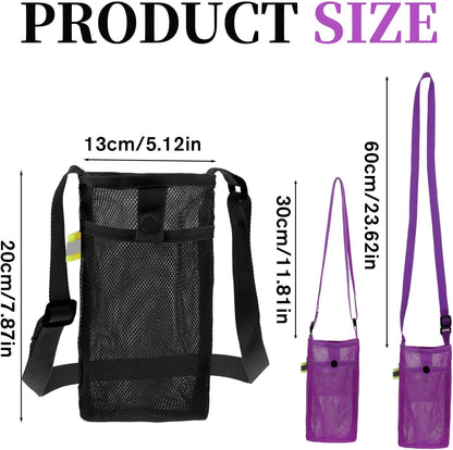 2 PCS Mesh Water Bottle Carrier with Adjustable Shoulder, Water Bottle Holder with Strap, Light Bottles Sling Bag for Hiking, Walking, Camping, Travel (Purple, Black)