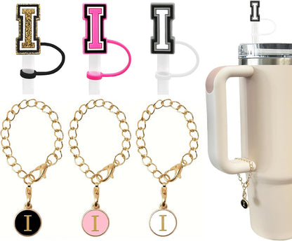 （3 +3) 3PCS Nuozme Straw Cover 10mm For Stanley Tumbler Cup Reusable Straw Cap Topper with 3 Initial Letter Charms Accessories Name ID Personalized Handle Charm For Stanley 30&40 Oz Cup Tumbler - Colors A
