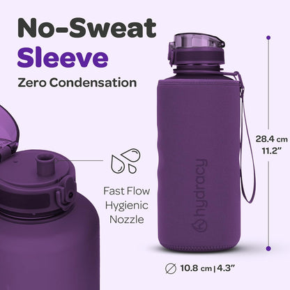 Hydracy Water Bottle with Time Marker -Large BPA Free Water Bottle & No Sweat Sleeve -Leak Proof Gym Bottle with Times to Drink - Ideal for Fitness Sports & Outdoors