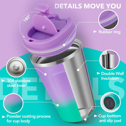 Volhoply 12 oz Double Wall Insulated Vacuum Travel Coffee Mugs with Flip Lid Bulk 2 Pack,Reusable Stainless Steel Leak Proof Coffee Cup,Portable Cafe Thermal Tumbler for Hot & Cold Drinks(Mix,2 Set)