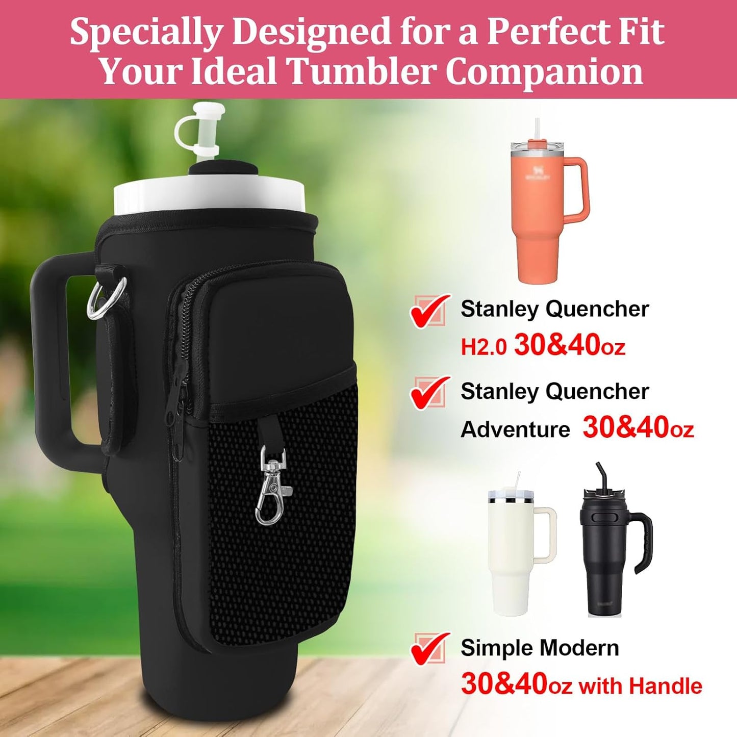 Stanley Carrier Bag for Stanley 40oz/30ozTumbler with Phone with 2 Adjustable Strap,3 Pockets Bottle Stanley Cup Carrier Bag & Case,Accessories for Hiking Travelling