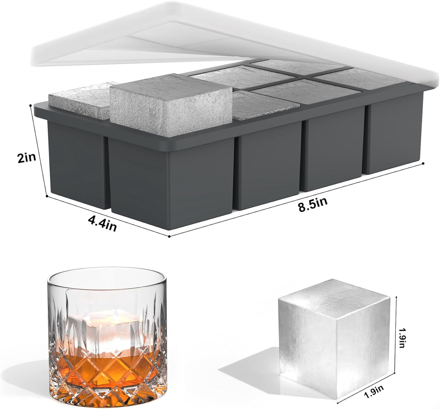 Bangp Large Ice Cube Tray for Whiskey,2 Pack Stackable Big Ice Cube Molds Make 16 Big Whiskey Ice Cubes,Easy Release Square Ice Cube Maker for Cocktails,Whiskey,Soups and Frozen Treats