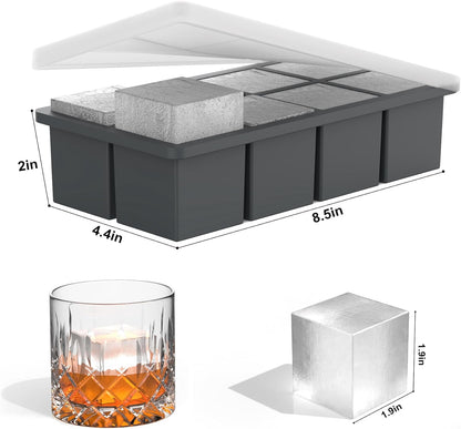 Bangp Large Ice Cube Tray for Whiskey,2 Pack Stackable Big Ice Cube Molds Make 16 Big Whiskey Ice Cubes,Easy Release Square Ice Cube Maker for Cocktails,Whiskey,Soups and Frozen Treats