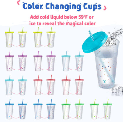 Meoky Confetti Color Changing Cups with Lids and Straws for Iced Coffee, Party, Pool - 6 Pack 24oz Reusable Plastic Tumblers for Kids and Adults