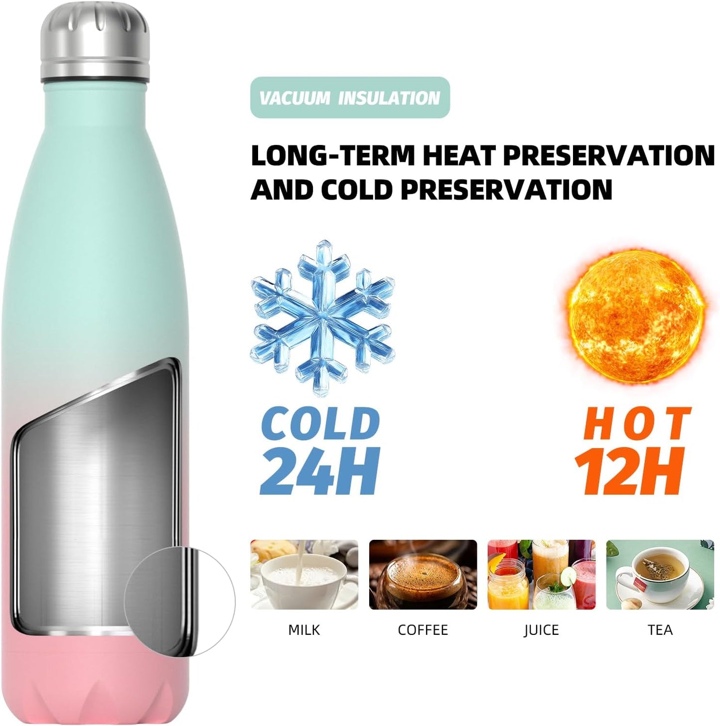 WATERSY Stainless Steel water bottles,17oz/500ml Insulated Water Bottles,Deep Blue metal water bottle Keeps Drink Cold and Hot,BPA Free kids water bottles for School,Gym,Travel,Sports