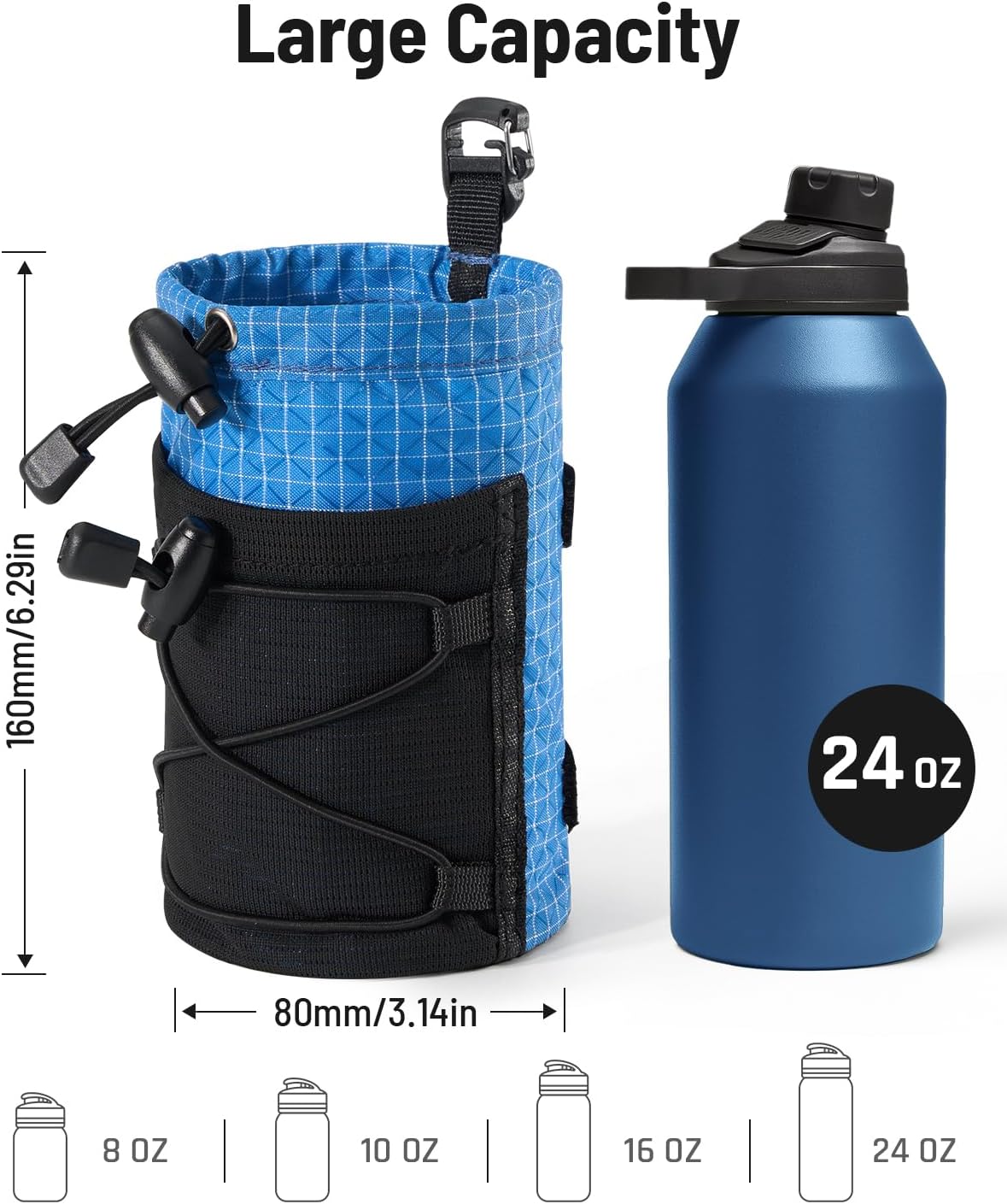 Water Bottle Holder Pouch with Hook Buckle, Backpack Water Bottle Holder Mesh Bag Carrier Fits for 8-24oz Bottles for Hiking, Running, Travel, Outdoor Backpack Accessories & Attachments
