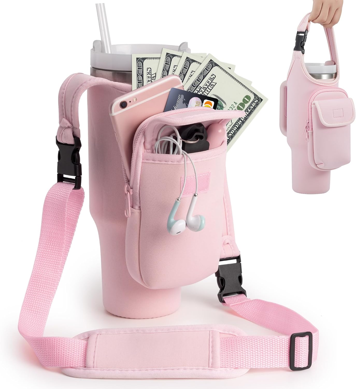 Bufilea Carrier Bag with Phone Holder Pockets for Stanley 40/30oz Tumbler with Handle, Insulated Neoprene Crossbody Bag Cup Holder w/Shoulder & Handheld Straps Fits Stanley Cup Accessories