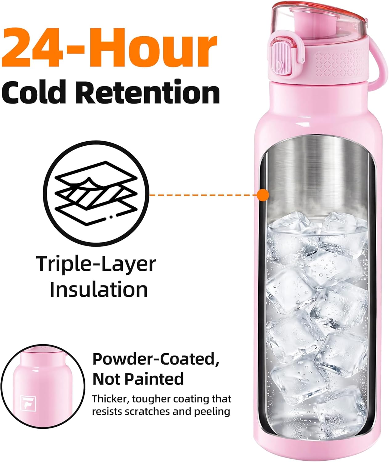 Fanhaw 24 oz Insulated Water Bottle with Soft Silicone Spout Lid, Leakproof Stainless Steel Vacuum Bottle for School, Sports& Daily Use, Kids, Teens& Adults, Back to School Essentials (Pink)
