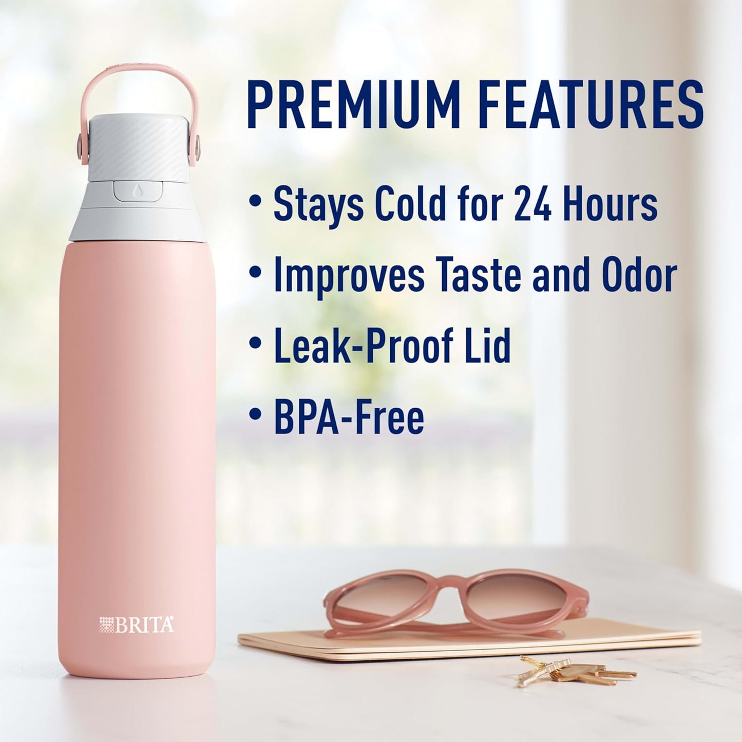 Brita Stainless Steel Premium Filtering Water Bottle, BPA-Free, Reusable, Insulated, Replaces 300 Plastic Water Bottles, Filter Lasts 2 Months or 40 Gallons, Includes 1 Filter, Glacier - 20 oz