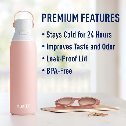 Brita Stainless Steel Premium Filtering Water Bottle, BPA-Free, Reusable, Insulated, Replaces 300 Plastic Water Bottles, Filter Lasts 2 Months or 40 Gallons, Includes 1 Filter, Glacier - 20 oz
