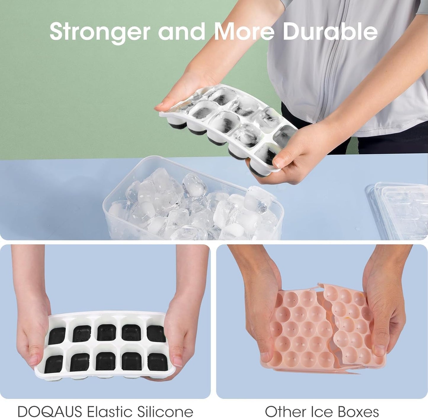 DOQAUS Ice Cube Tray with Lid and Bin - 4 Pack Silicone Ice Cube Trays for Freezer, Stackable Ice Bucket Kits with Storage Container & Scoop for Kitchen, RV, Cocktail, Coffee